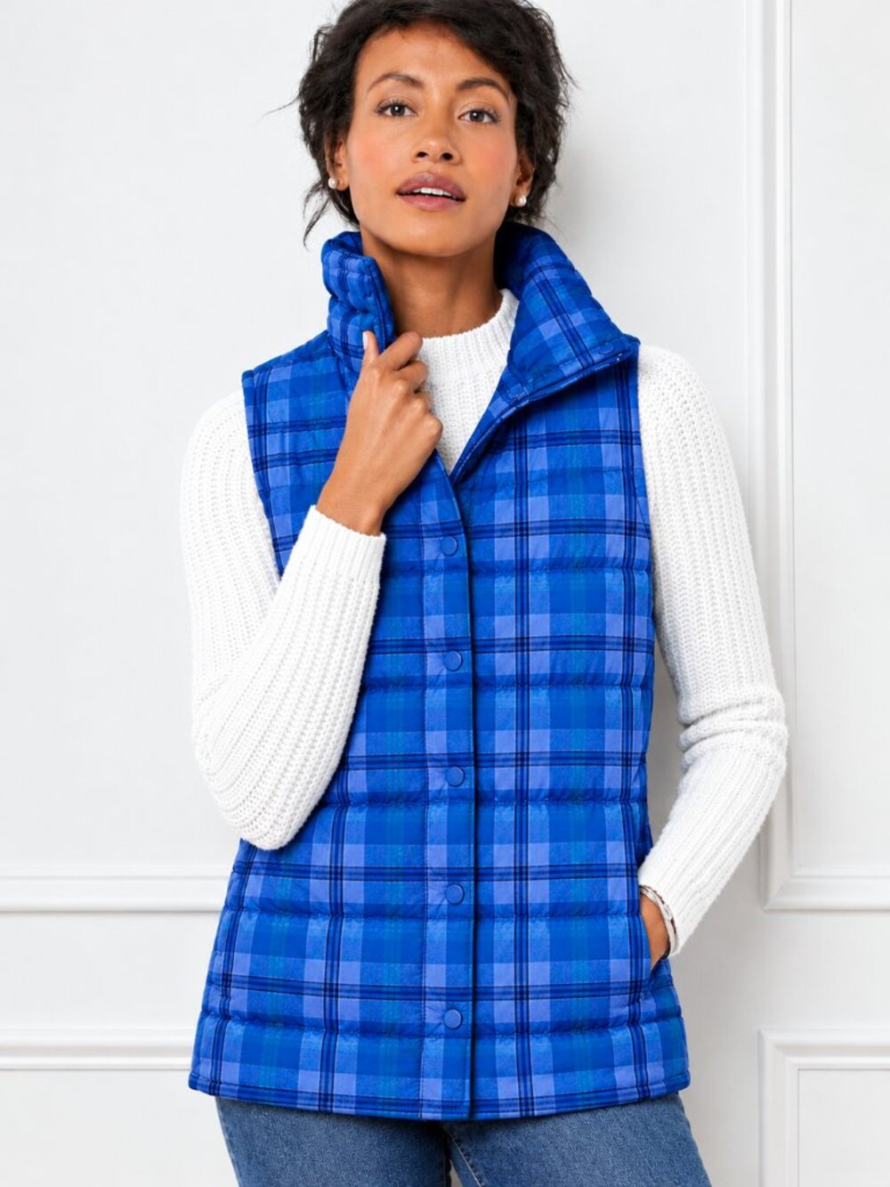 Old Navy Blue Plaid Puffer Vest Fleece Lined Quilted Zip Snap Front Size Medium